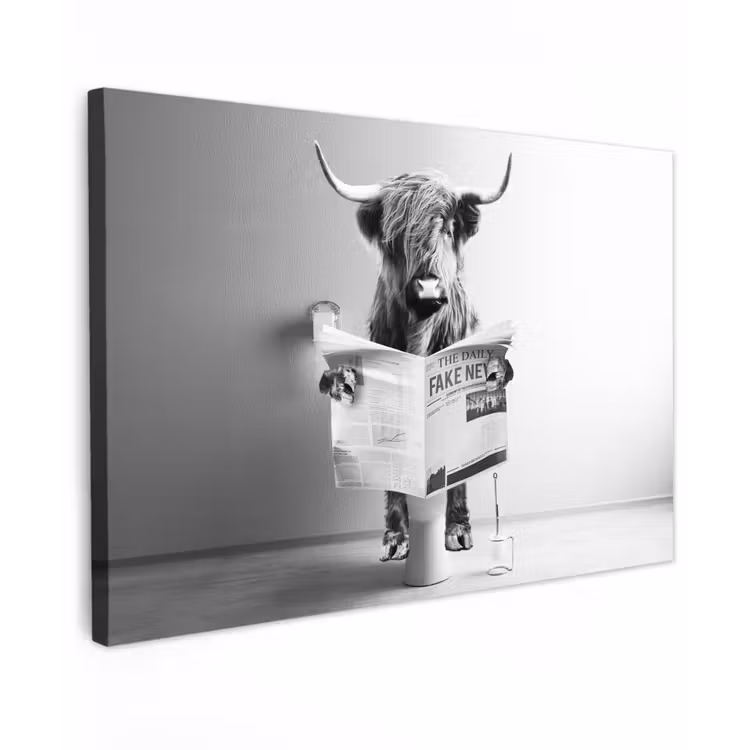 WC - Toilet - Krant - Schotse Hooglander - Zwart Wit canvas 2cm klein -z3d