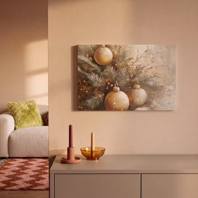 Kerst - Kerstballen - Beige - Goud canvas 2cm klein -sfeer1