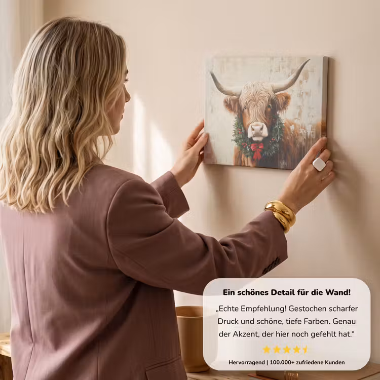 Kerst - Schotse Hooglander - Bruin - Krans canvas 2cm klein -sfeer3