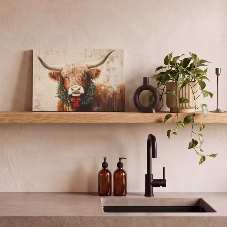 Kerst - Schotse Hooglander - Bruin - Krans canvas 2cm klein -sfeer6