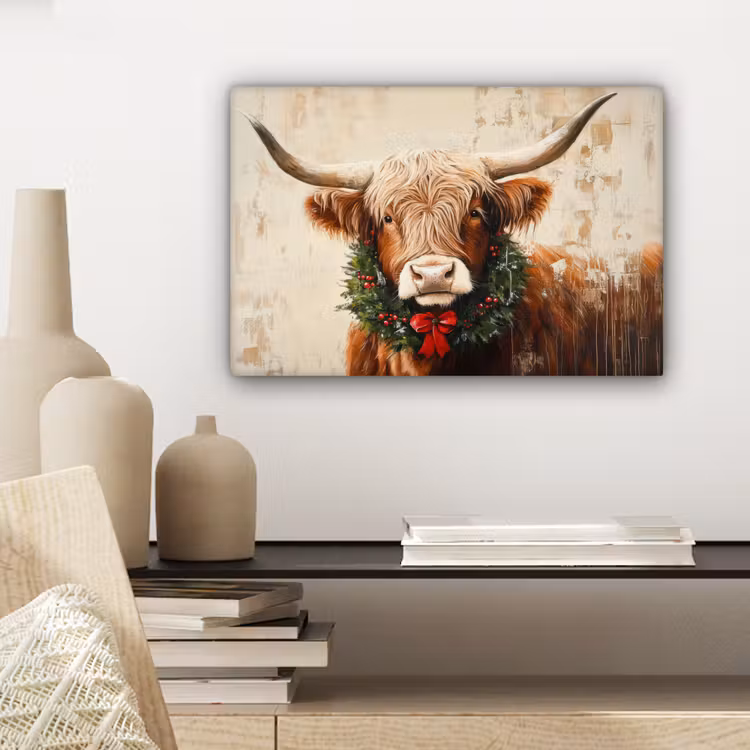 Kerst - Schotse Hooglander - Bruin - Krans canvas 2cm klein -closeup_print_DE