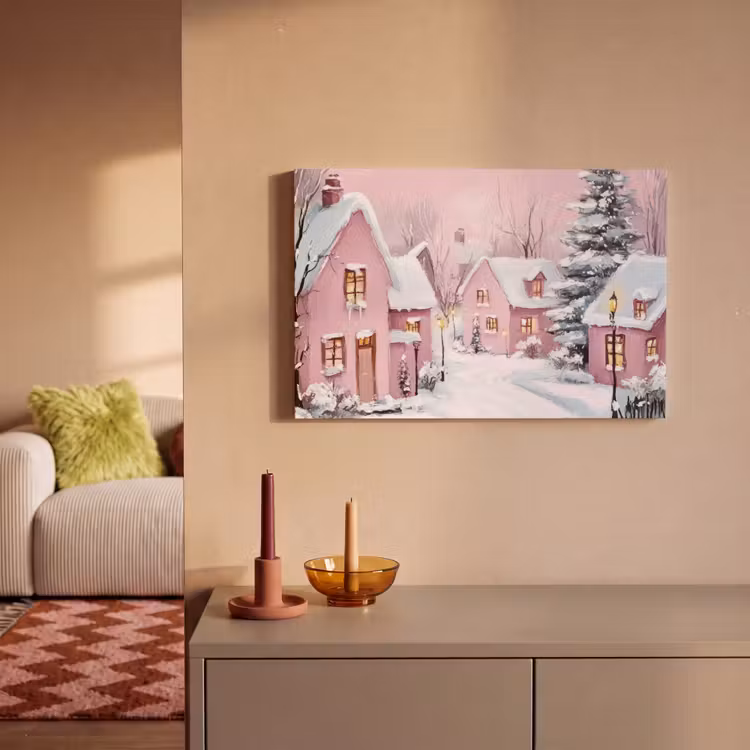 Kerstdorp - Roze - Winter - Sneeuw - Huizen canvas 2cm klein -sfeer1
