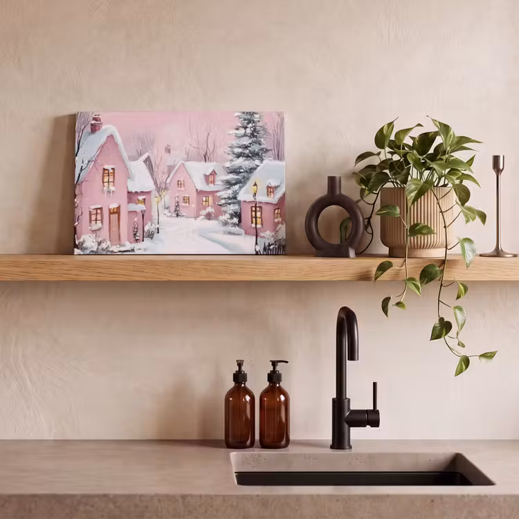 Kerstdorp - Roze - Winter - Sneeuw - Huizen canvas 2cm klein -sfeer3