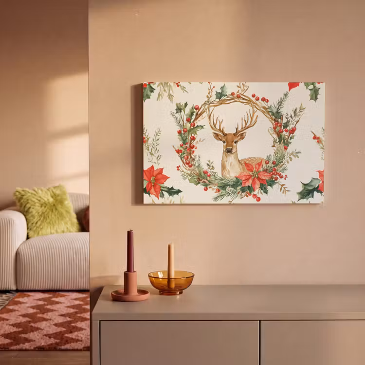 Kerstkrans - Hert - Hulst - Rood canvas 2cm klein -sfeer1