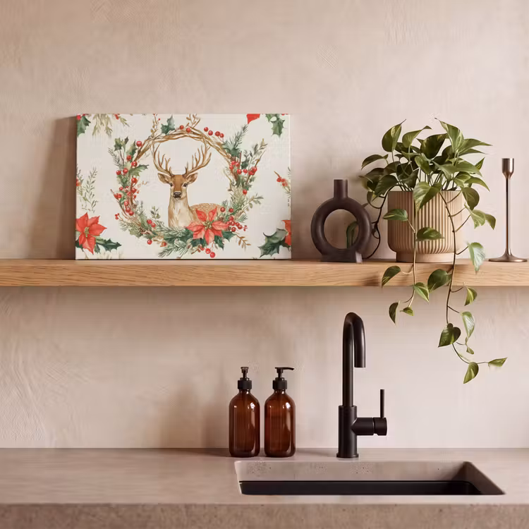 Kerstkrans - Hert - Hulst - Rood canvas 2cm klein -sfeer3