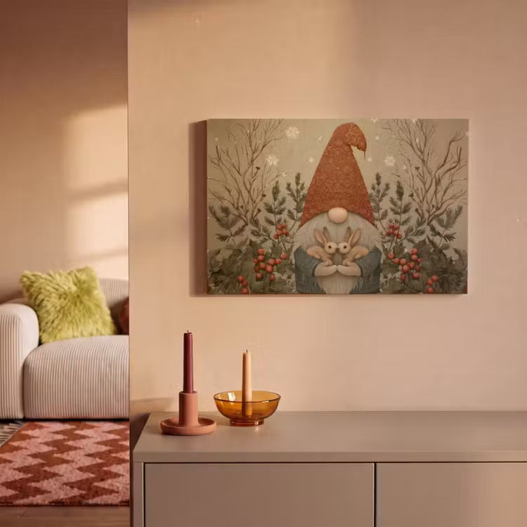 Kerstgnome - Konijntjes - Kleurrijk canvas 2cm klein -sfeer1