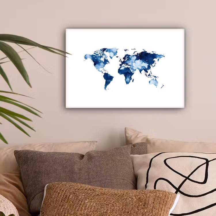 Wit - Aquarel - Blauw - Wereldkaart canvas 2cm klein -sfeer1