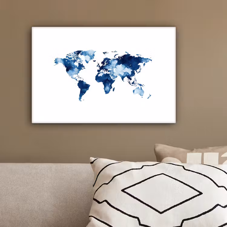 Wit - Aquarel - Blauw - Wereldkaart canvas 2cm klein -sfeer3