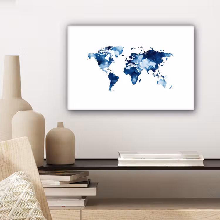 Wit - Aquarel - Blauw - Wereldkaart canvas 2cm klein -sfeer6