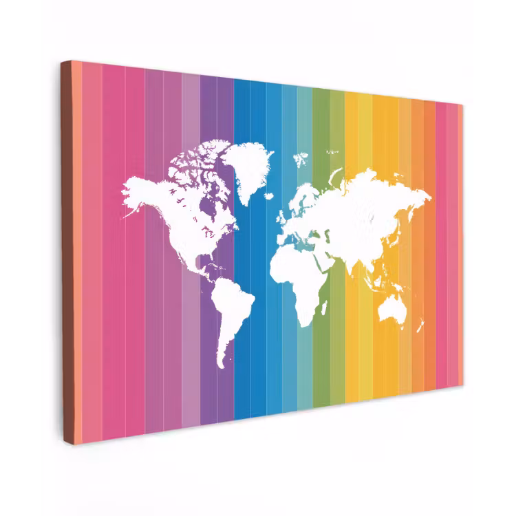 Wit - Wereldkaart - Regenboog - Banen canvas 2cm klein -z3d