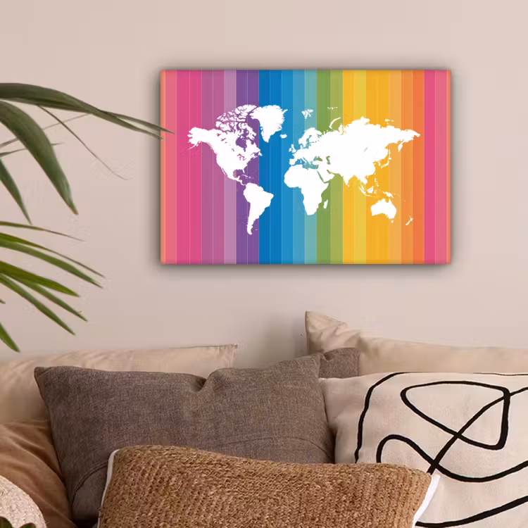 Wit - Wereldkaart - Regenboog - Banen canvas 2cm klein -sfeer1