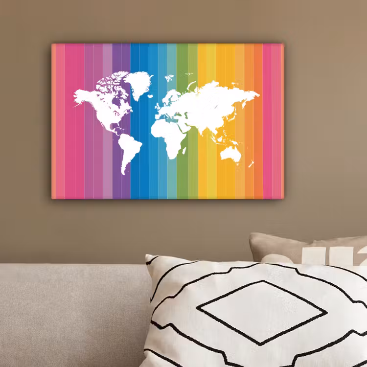 Wit - Wereldkaart - Regenboog - Banen canvas 2cm klein -sfeer3