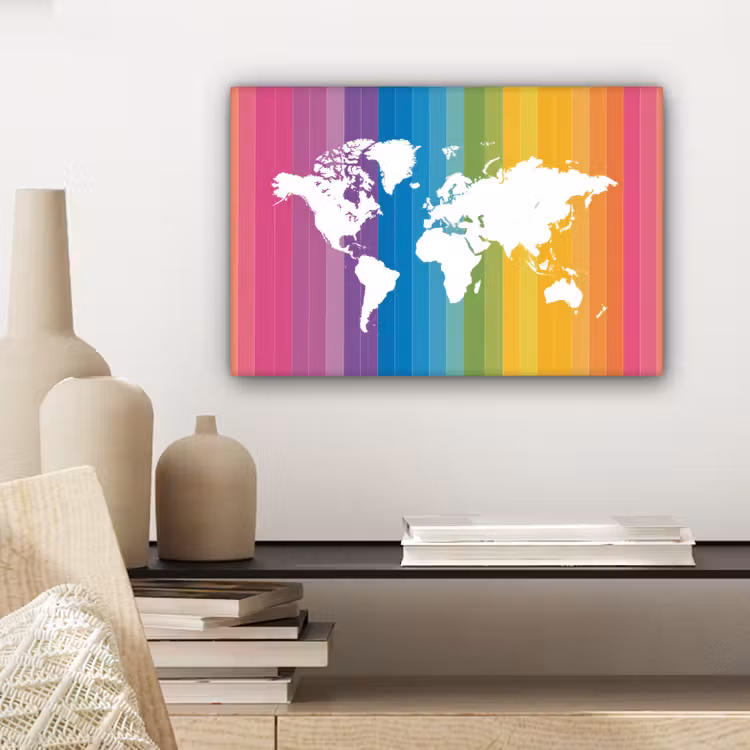 Wit - Wereldkaart - Regenboog - Banen canvas 2cm klein -sfeer6