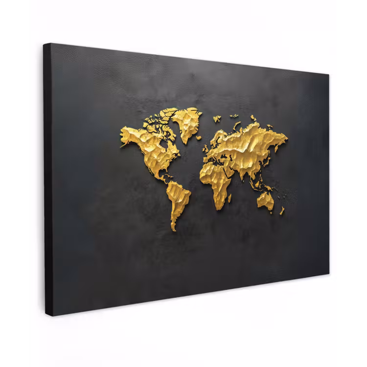 Wereldkaart - 3D Reliëf - Matzwart canvas 2cm klein -z3d