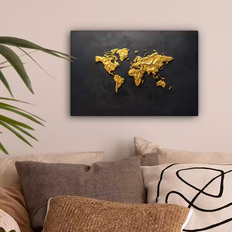 Wereldkaart - 3D Reliëf - Matzwart canvas 2cm klein -sfeer1
