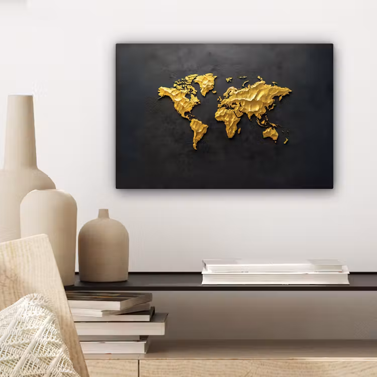 Wereldkaart - 3D Reliëf - Matzwart canvas 2cm klein -sfeer6