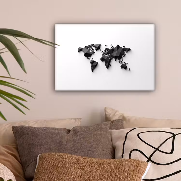 Wereldkaart - 3D - Zwart canvas 2cm klein -sfeer1