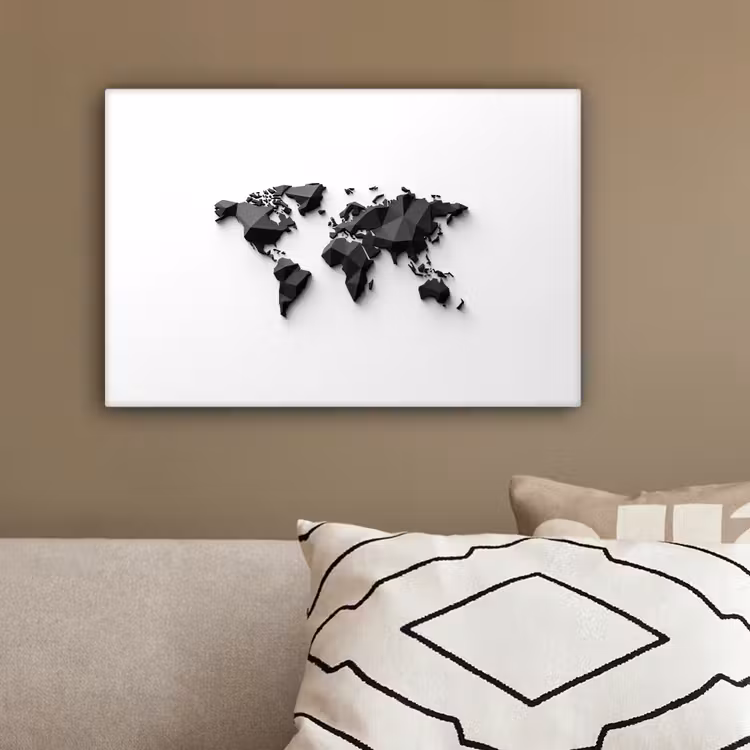 Wereldkaart - 3D - Zwart canvas 2cm klein -sfeer3