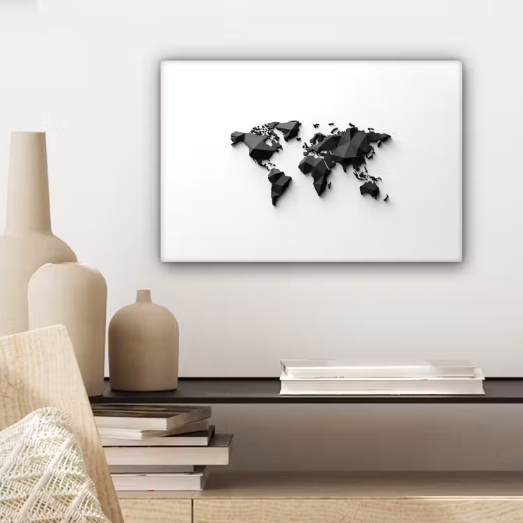 Wereldkaart - 3D - Zwart canvas 2cm klein -sfeer6