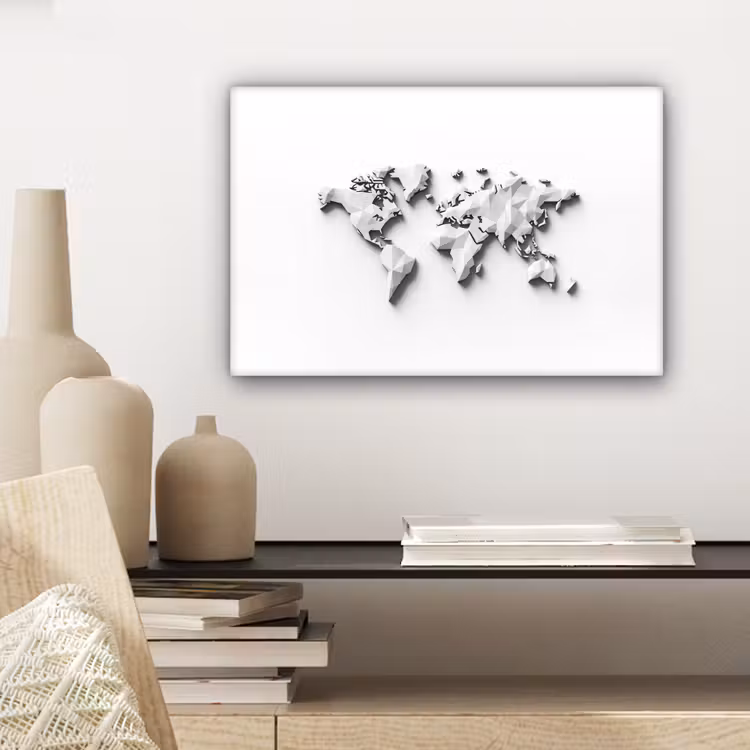 Wereldkaart - 3D - Wit canvas 2cm klein -sfeer6