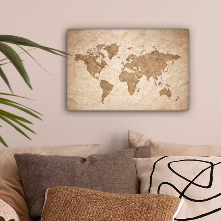 Wereldkaart - Oud papier - Historisch canvas 2cm klein -sfeer1