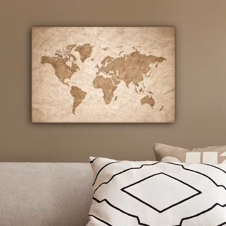 Wereldkaart - Oud papier - Historisch canvas 2cm klein -sfeer3
