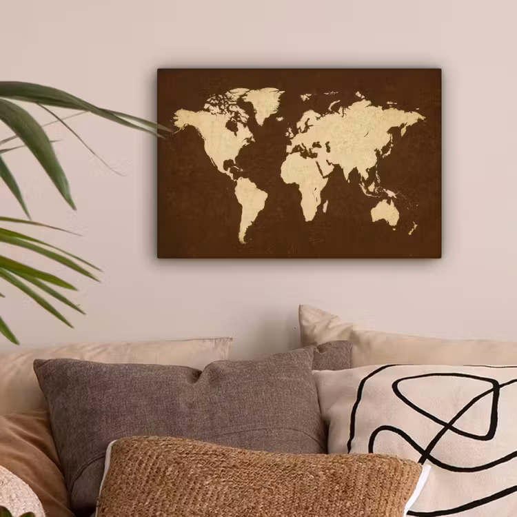 Wereldkaart - Antiek - Bruin canvas 2cm klein -sfeer1
