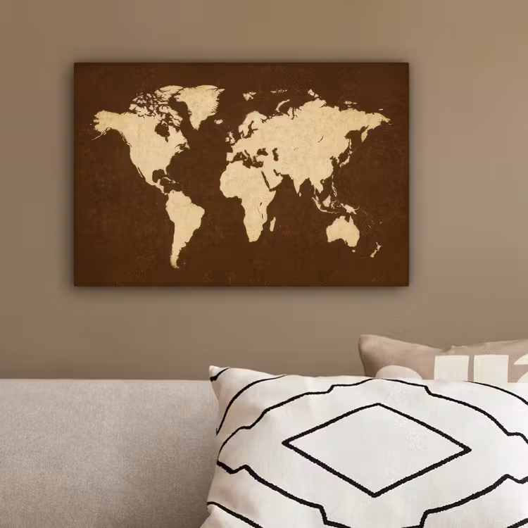 Wereldkaart - Antiek - Bruin canvas 2cm klein -sfeer3