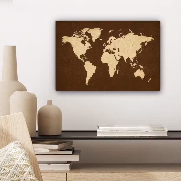 Wereldkaart - Antiek - Bruin canvas 2cm klein -sfeer6