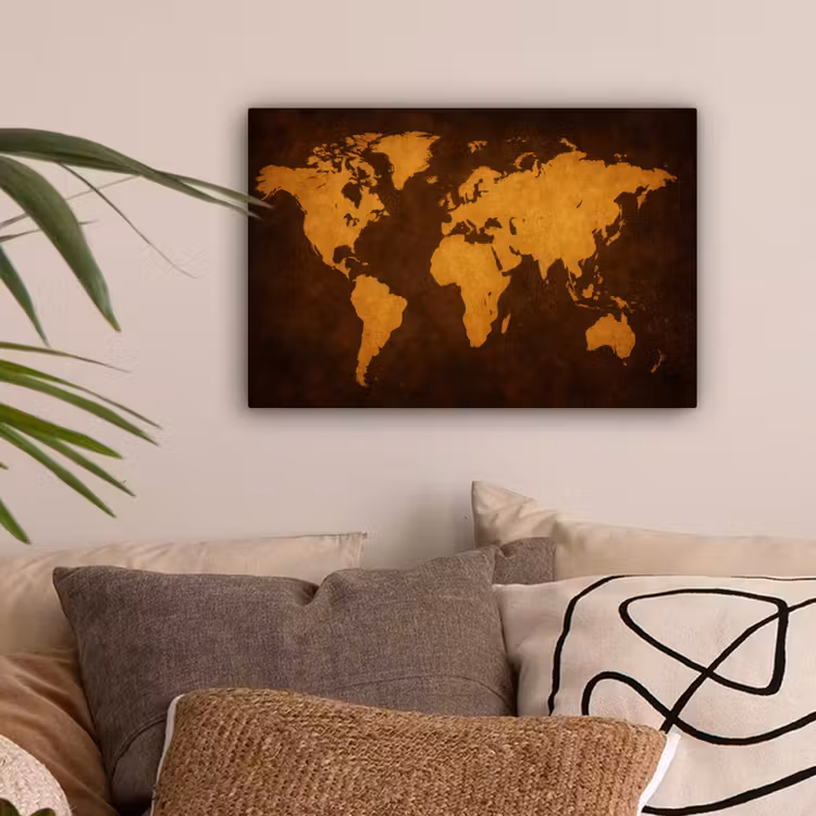 Wereldkaart - Antiek - Lederen stijl canvas 2cm klein -sfeer1