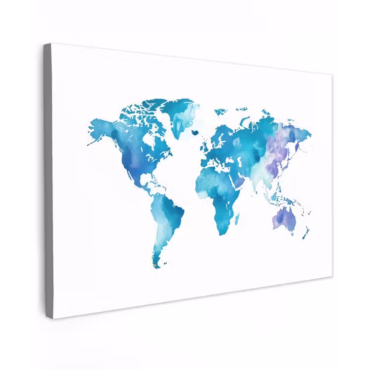 Wereldkaart - Aquarel - Blauw canvas 2cm klein -z3d