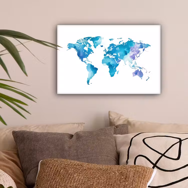 Wereldkaart - Aquarel - Blauw canvas 2cm klein -sfeer1