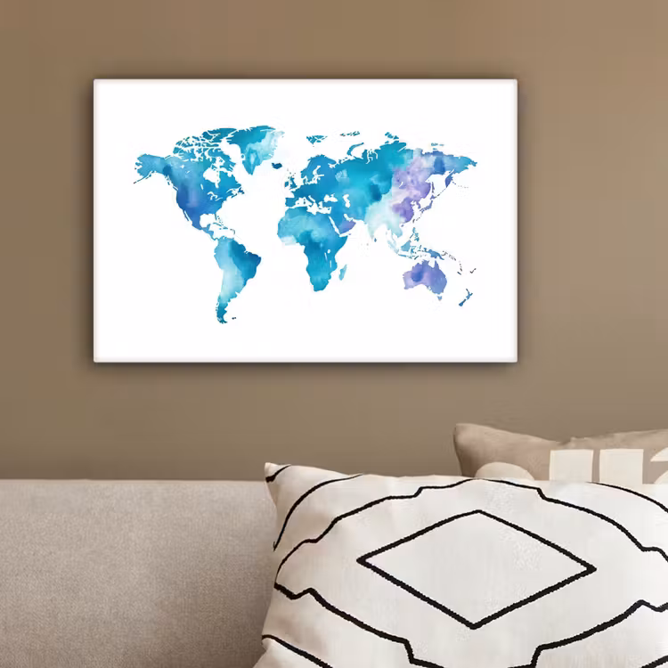 Wereldkaart - Aquarel - Blauw canvas 2cm klein -sfeer3