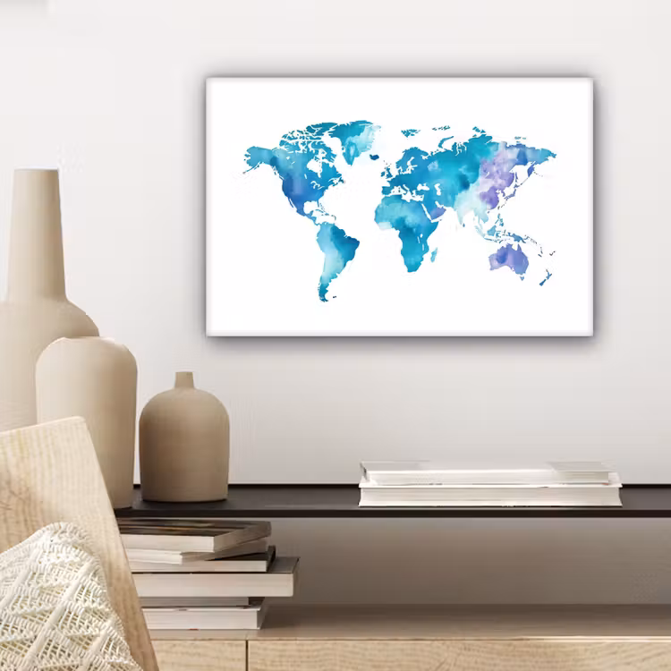 Wereldkaart - Aquarel - Blauw canvas 2cm klein -sfeer6