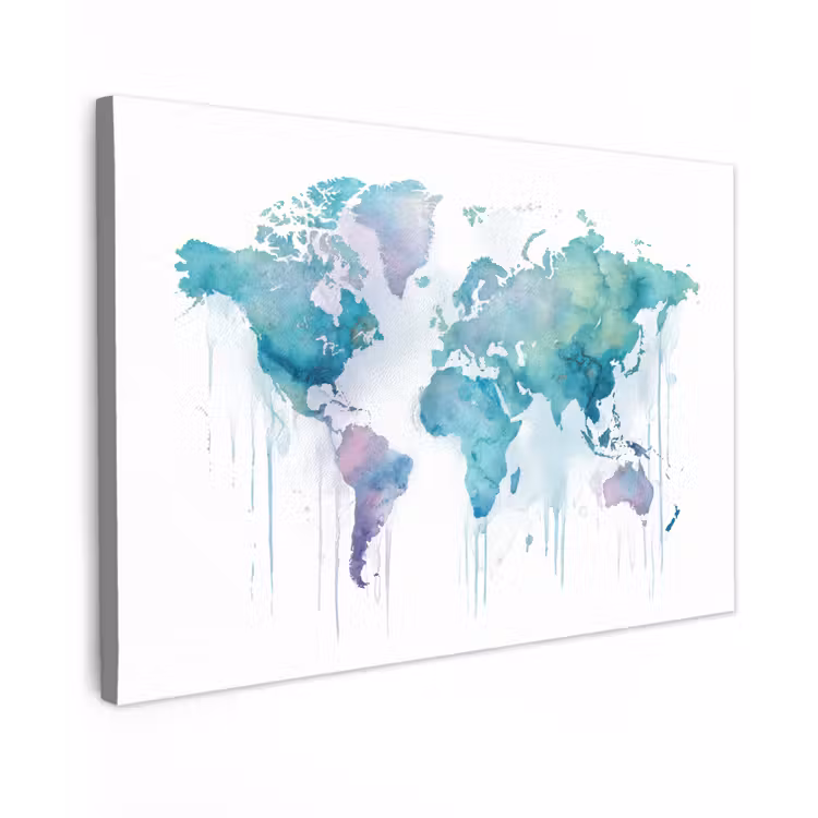 Wereldkaart - Waterverf - Blauw - Druppels canvas 2cm klein -z3d
