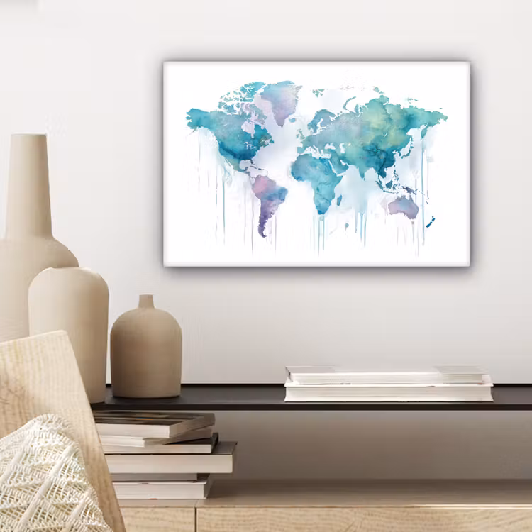 Wereldkaart - Waterverf - Blauw - Druppels canvas 2cm klein -sfeer6