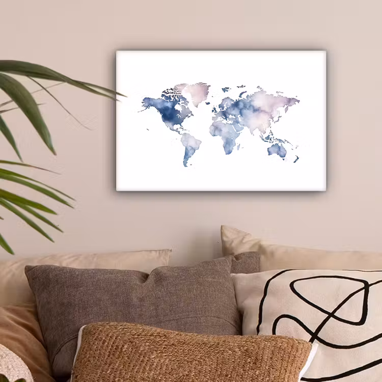 Wereldkaart - Aquarel - Pastel canvas 2cm klein -sfeer1