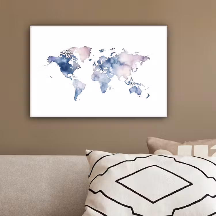 Wereldkaart - Aquarel - Pastel canvas 2cm klein -sfeer3