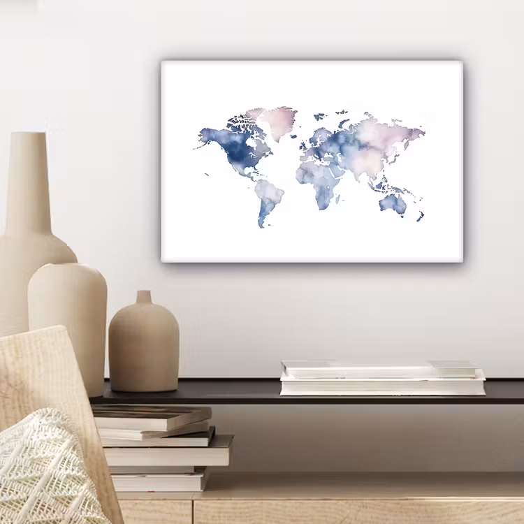 Wereldkaart - Aquarel - Pastel canvas 2cm klein -sfeer6