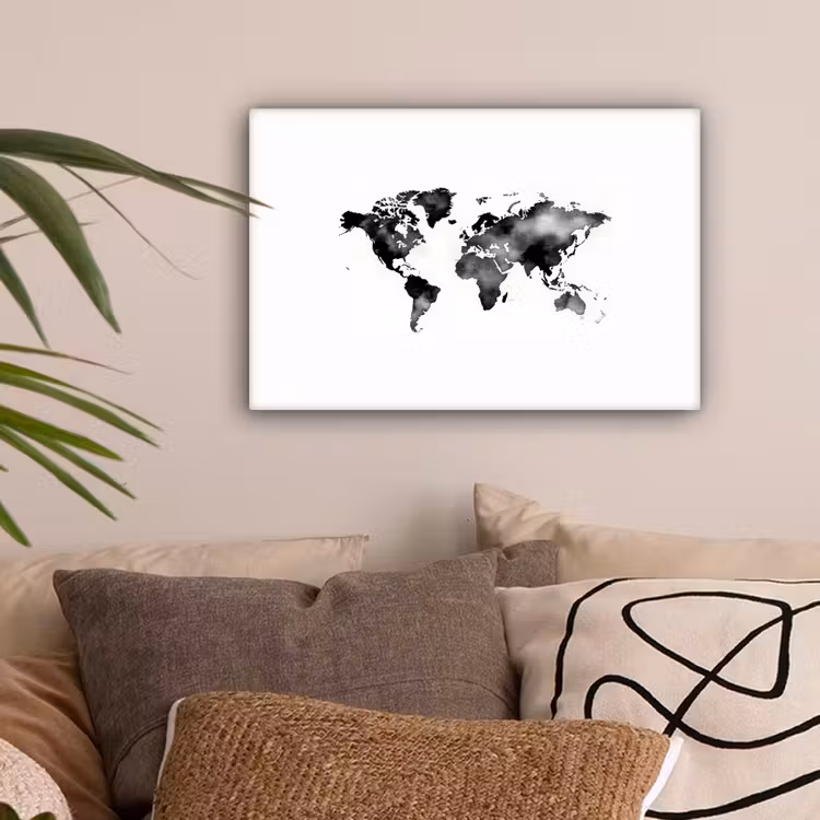Wereldkaart - Aquarel - Zwart canvas 2cm klein -sfeer1
