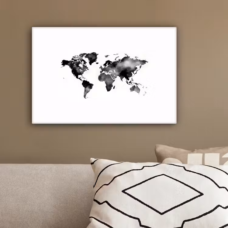 Wereldkaart - Aquarel - Zwart canvas 2cm klein -sfeer3