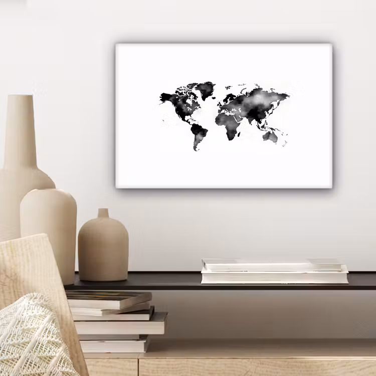 Wereldkaart - Aquarel - Zwart canvas 2cm klein -sfeer6