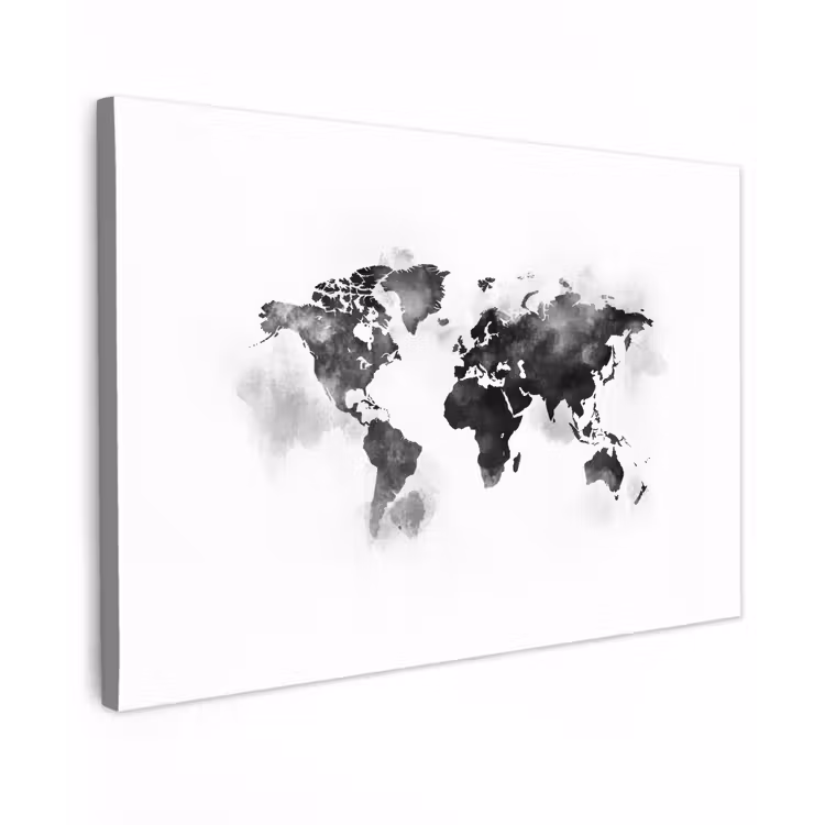 Wereldkaart - Waterverf - Zwart - Wit canvas 2cm klein -z3d