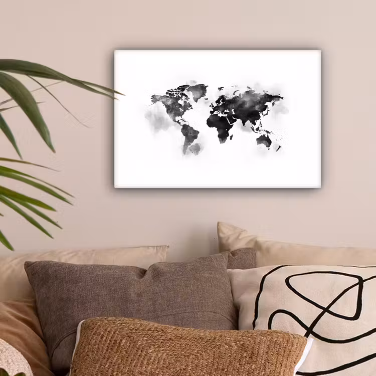 Wereldkaart - Waterverf - Zwart - Wit canvas 2cm klein -sfeer1