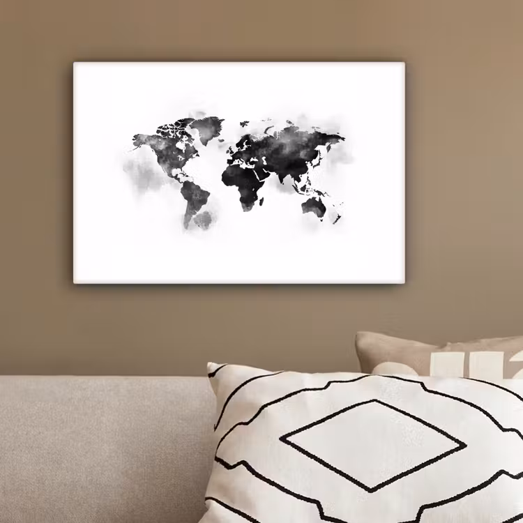 Wereldkaart - Waterverf - Zwart - Wit canvas 2cm klein -sfeer6