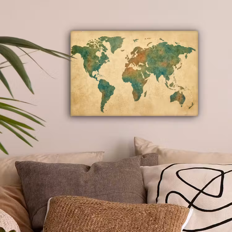 Wereldkaart - Aquarelstijl - Oud papier canvas 2cm klein -sfeer1