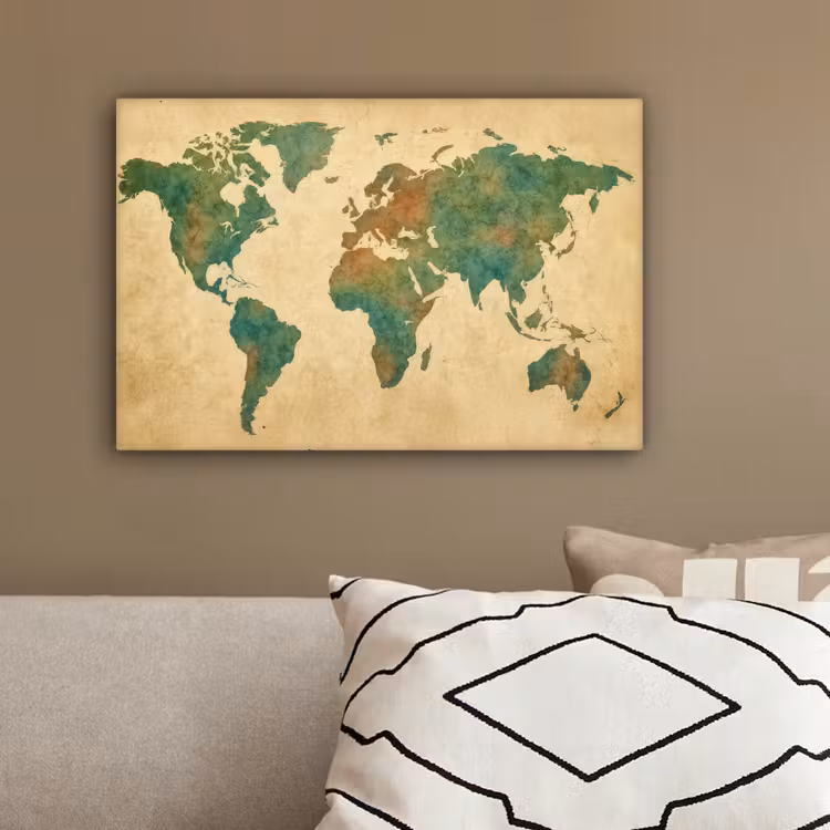 Wereldkaart - Aquarelstijl - Oud papier canvas 2cm klein -sfeer3