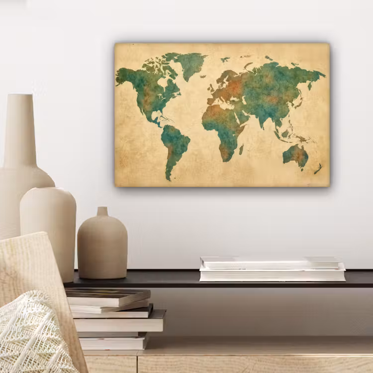 Wereldkaart - Aquarelstijl - Oud papier canvas 2cm klein -sfeer6
