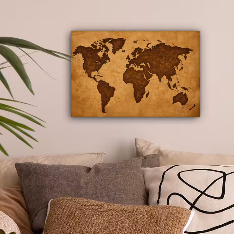 Wereldkaart - Uitgesneden perkament canvas 2cm klein -sfeer1