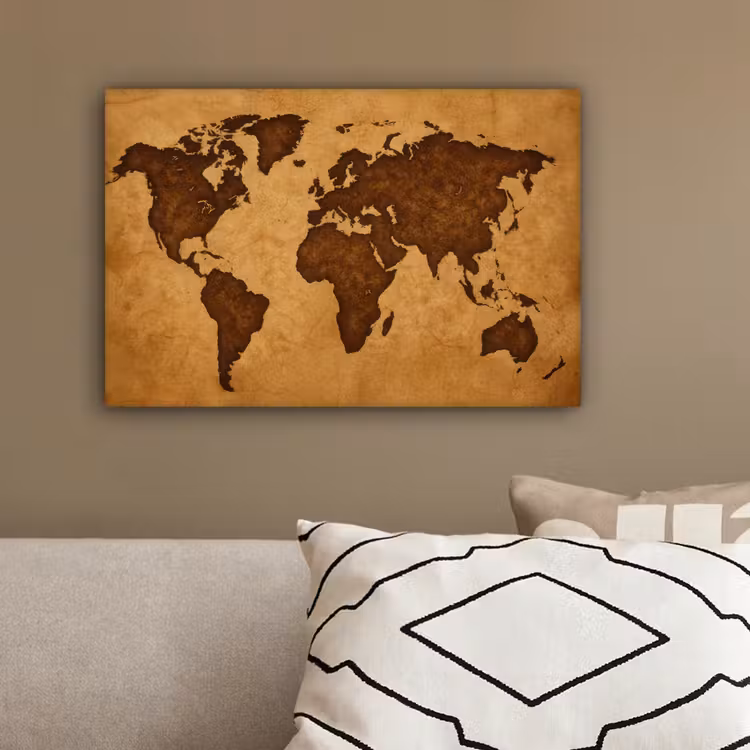 Wereldkaart - Uitgesneden perkament canvas 2cm klein -sfeer3